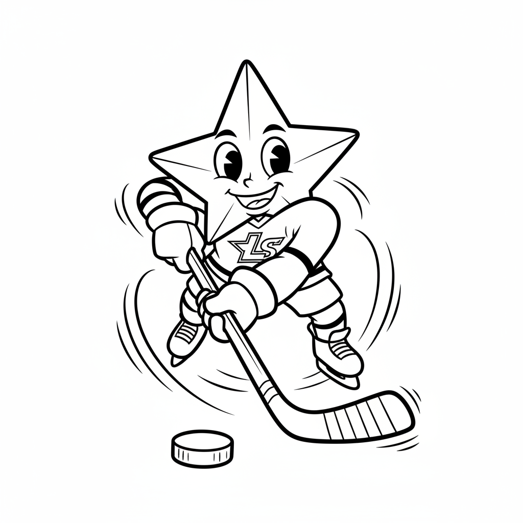 A friendly cartoon Stars mascot character playing with a hockey puck, energetic and cheerful, original fan illustration inspired by the Dallas Stars (not the official logo or mascot), single subject only, strict black and white line art, bold clean outlines only, pure white background, kids coloring book page style. Absolutely no shading, no grayscale, no gradients, no color fills, no text anywhere in the image