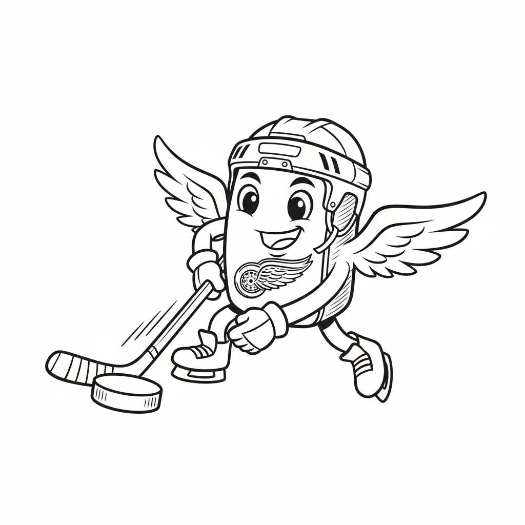 A friendly cartoon Red Wings mascot character playing with a hockey puck, energetic and cheerful, original fan illustration inspired by the Detroit Red Wings (not the official logo or mascot), single subject only, strict black and white line art, bold clean outlines only, pure white background, kids coloring book page style. Absolutely no shading, no grayscale, no gradients, no color fills, no text anywhere in the image