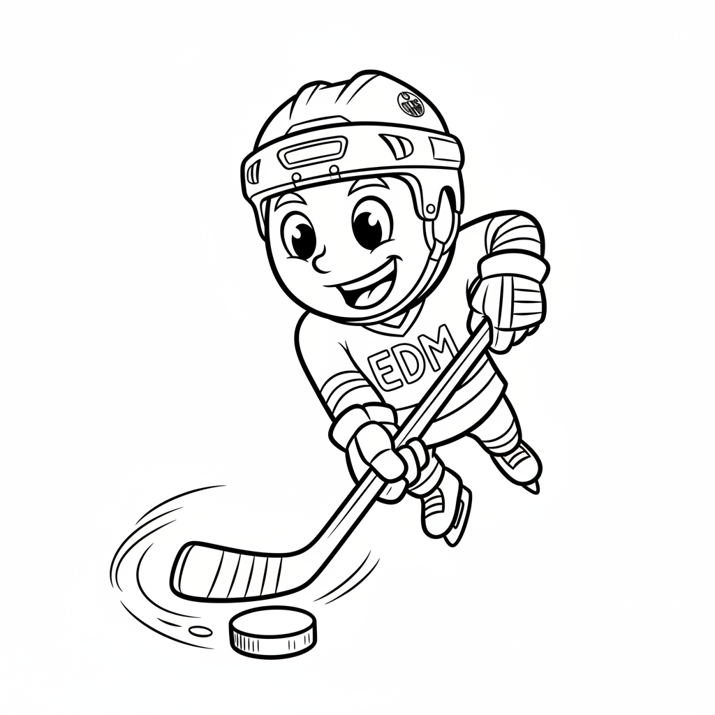 A friendly cartoon Oilers mascot character playing with a hockey puck, energetic and cheerful, original fan illustration inspired by the Edmonton Oilers (not the official logo or mascot), single subject only, strict black and white line art, bold clean outlines only, pure white background, kids coloring book page style. Absolutely no shading, no grayscale, no gradients, no color fills, no text anywhere in the image