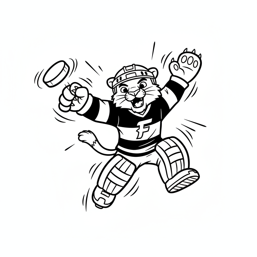 A friendly cartoon Panthers mascot character playing with a hockey puck, energetic and cheerful, original fan illustration inspired by the Florida Panthers (not the official logo or mascot), single subject only, strict black and white line art, bold clean outlines only, pure white background, kids coloring book page style. Absolutely no shading, no grayscale, no gradients, no color fills, no text anywhere in the image