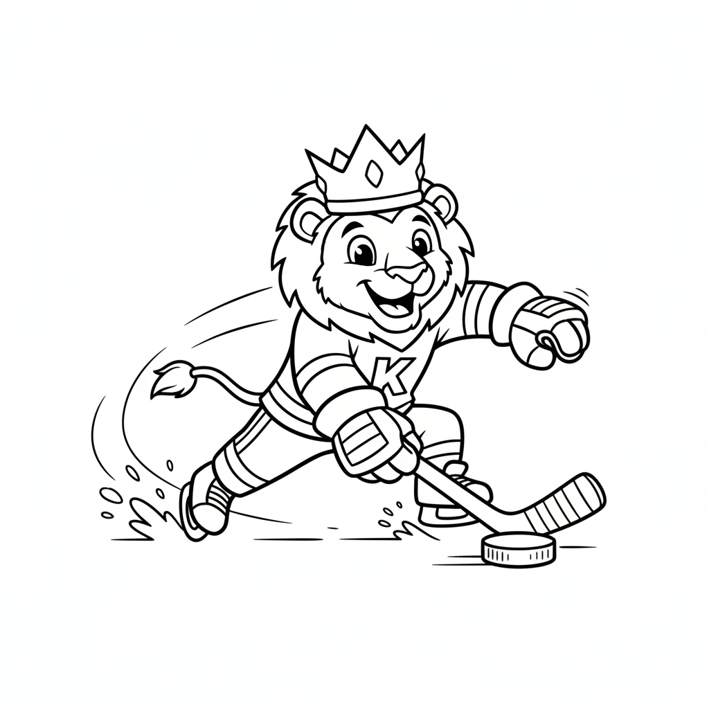 A friendly cartoon Kings mascot character playing with a hockey puck, energetic and cheerful, original fan illustration inspired by the Los Angeles Kings (not the official logo or mascot), single subject only, strict black and white line art, bold clean outlines only, pure white background, kids coloring book page style. Absolutely no shading, no grayscale, no gradients, no color fills, no text anywhere in the image