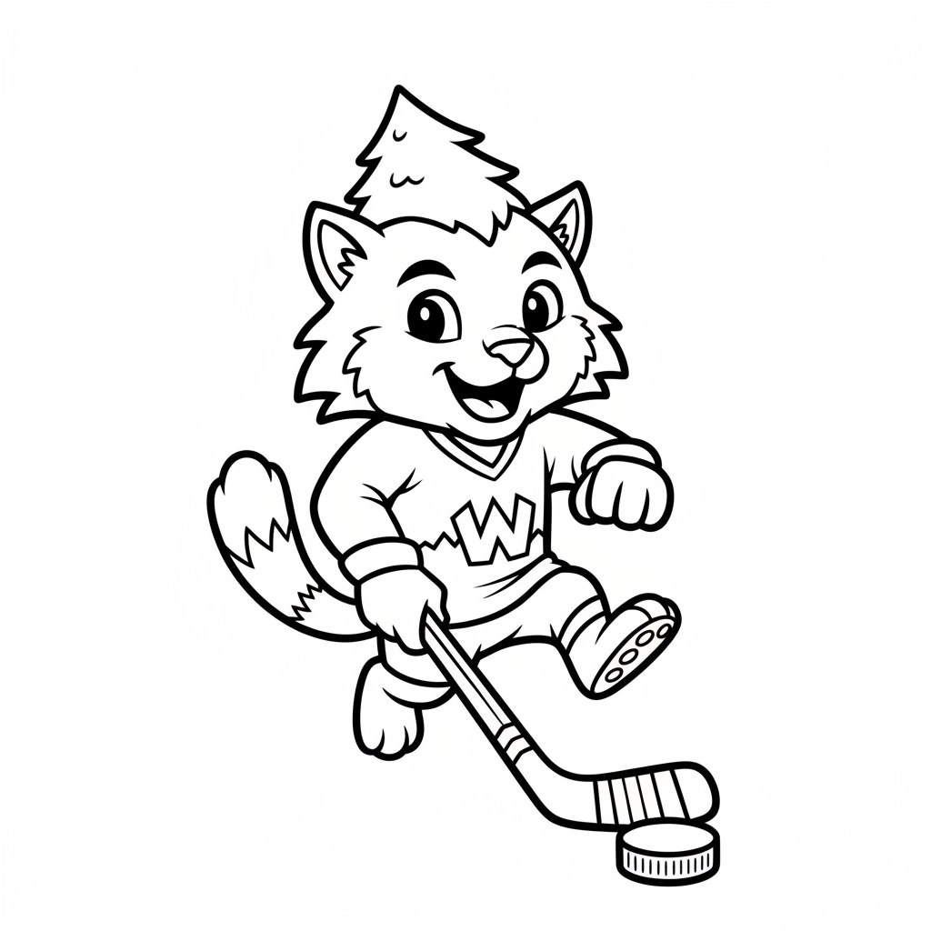 A friendly cartoon Wild mascot character playing with a hockey puck, energetic and cheerful, original fan illustration inspired by the Minnesota Wild (not the official logo or mascot), single subject only, strict black and white line art, bold clean outlines only, pure white background, kids coloring book page style. Absolutely no shading, no grayscale, no gradients, no color fills, no text anywhere in the image