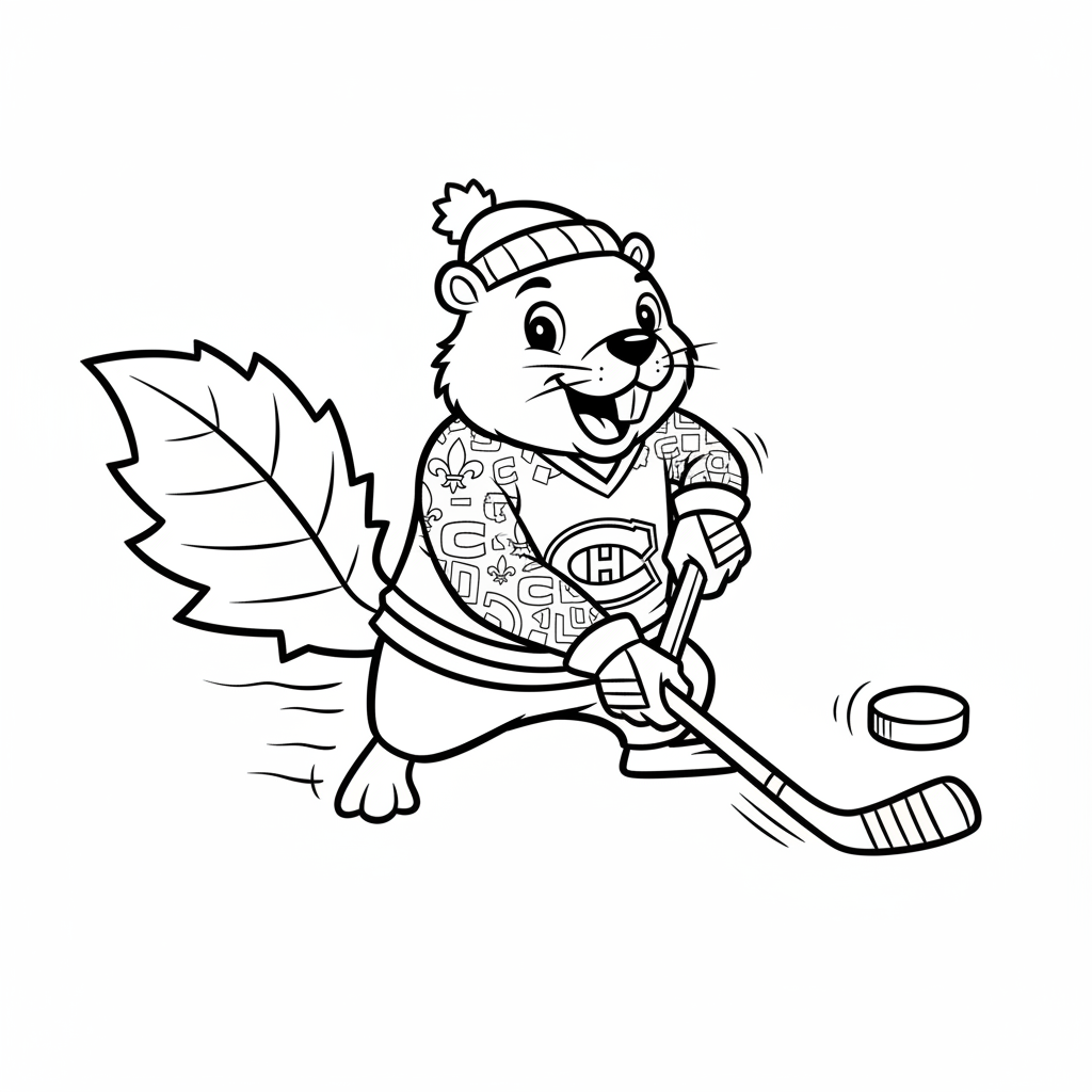 A friendly cartoon Canadiens mascot character playing with a hockey puck, energetic and cheerful, original fan illustration inspired by the Montreal Canadiens (not the official logo or mascot), single subject only, strict black and white line art, bold clean outlines only, pure white background, kids coloring book page style. Absolutely no shading, no grayscale, no gradients, no color fills, no text anywhere in the image