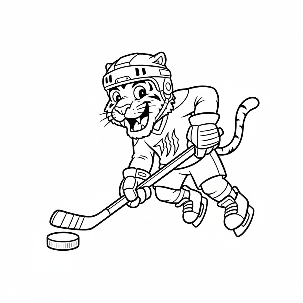 A friendly cartoon Predators mascot character playing with a hockey puck, energetic and cheerful, original fan illustration inspired by the Nashville Predators (not the official logo or mascot), single subject only, strict black and white line art, bold clean outlines only, pure white background, kids coloring book page style. Absolutely no shading, no grayscale, no gradients, no color fills, no text anywhere in the image