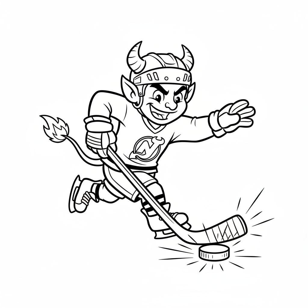 A friendly cartoon Devils mascot character playing with a hockey puck, energetic and cheerful, original fan illustration inspired by the New Jersey Devils (not the official logo or mascot), single subject only, strict black and white line art, bold clean outlines only, pure white background, kids coloring book page style. Absolutely no shading, no grayscale, no gradients, no color fills, no text anywhere in the image