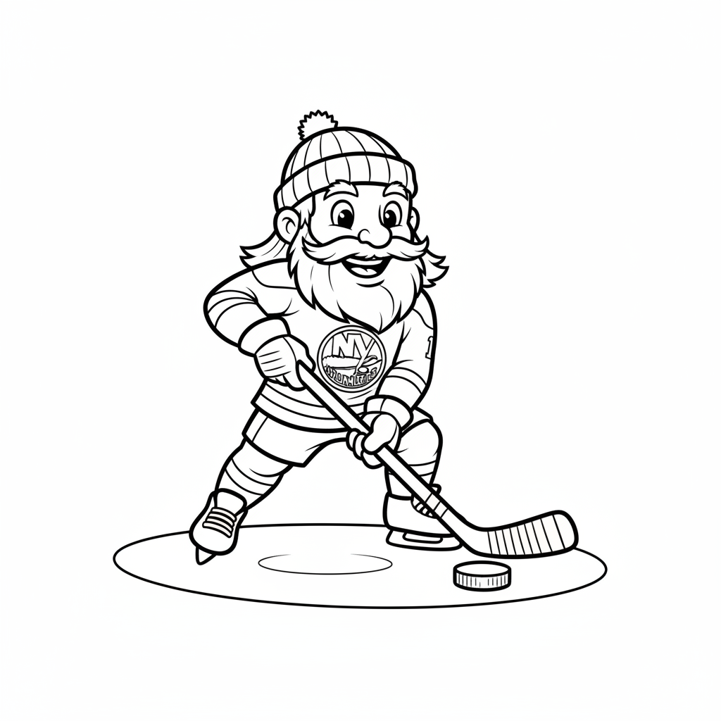 A friendly cartoon Islanders mascot character playing with a hockey puck, energetic and cheerful, original fan illustration inspired by the New York Islanders (not the official logo or mascot), single subject only, strict black and white line art, bold clean outlines only, pure white background, kids coloring book page style. Absolutely no shading, no grayscale, no gradients, no color fills, no text anywhere in the image
