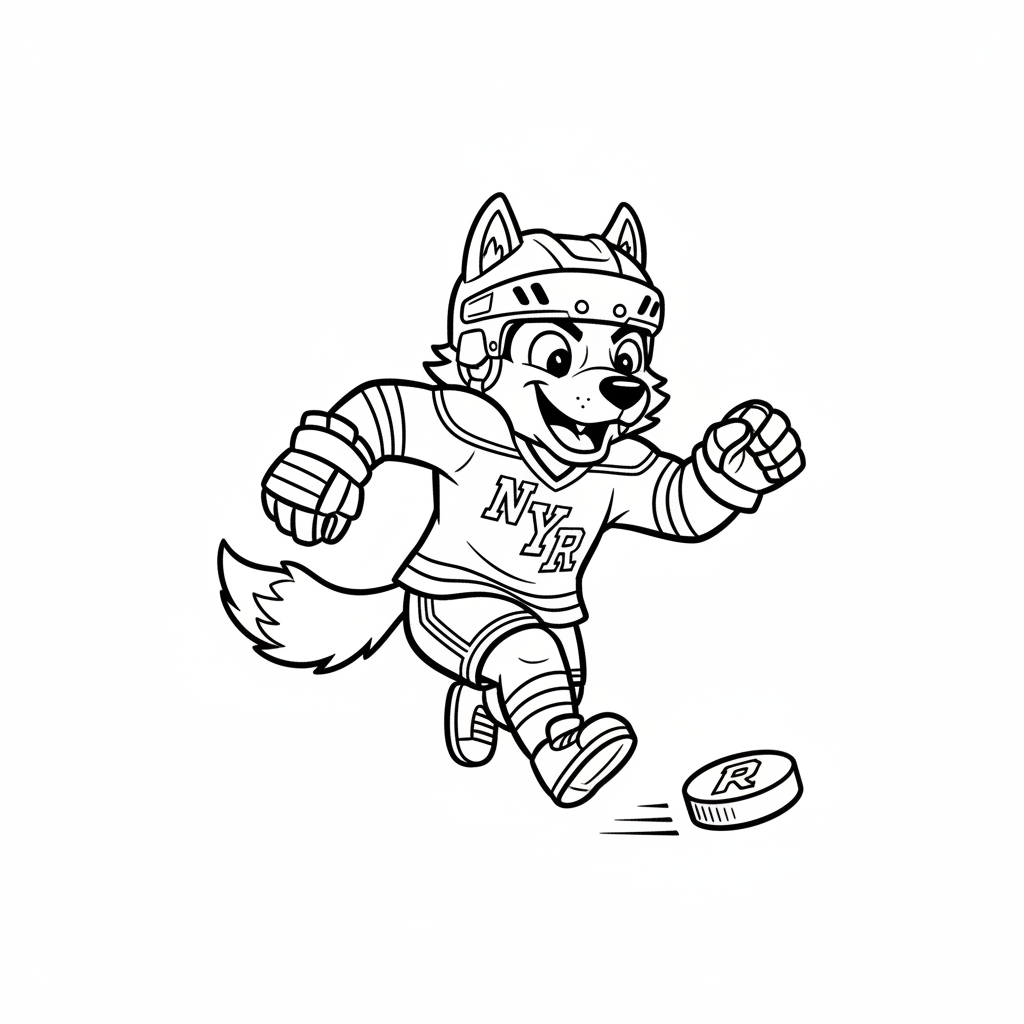 A friendly cartoon Rangers mascot character playing with a hockey puck, energetic and cheerful, original fan illustration inspired by the New York Rangers (not the official logo or mascot), single subject only, strict black and white line art, bold clean outlines only, pure white background, kids coloring book page style. Absolutely no shading, no grayscale, no gradients, no color fills, no text anywhere in the image
