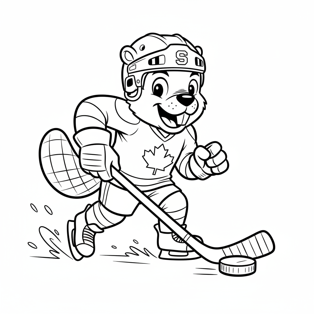 A friendly cartoon Senators mascot character playing with a hockey puck, energetic and cheerful, original fan illustration inspired by the Ottawa Senators (not the official logo or mascot), single subject only, strict black and white line art, bold clean outlines only, pure white background, kids coloring book page style. Absolutely no shading, no grayscale, no gradients, no color fills, no text anywhere in the image