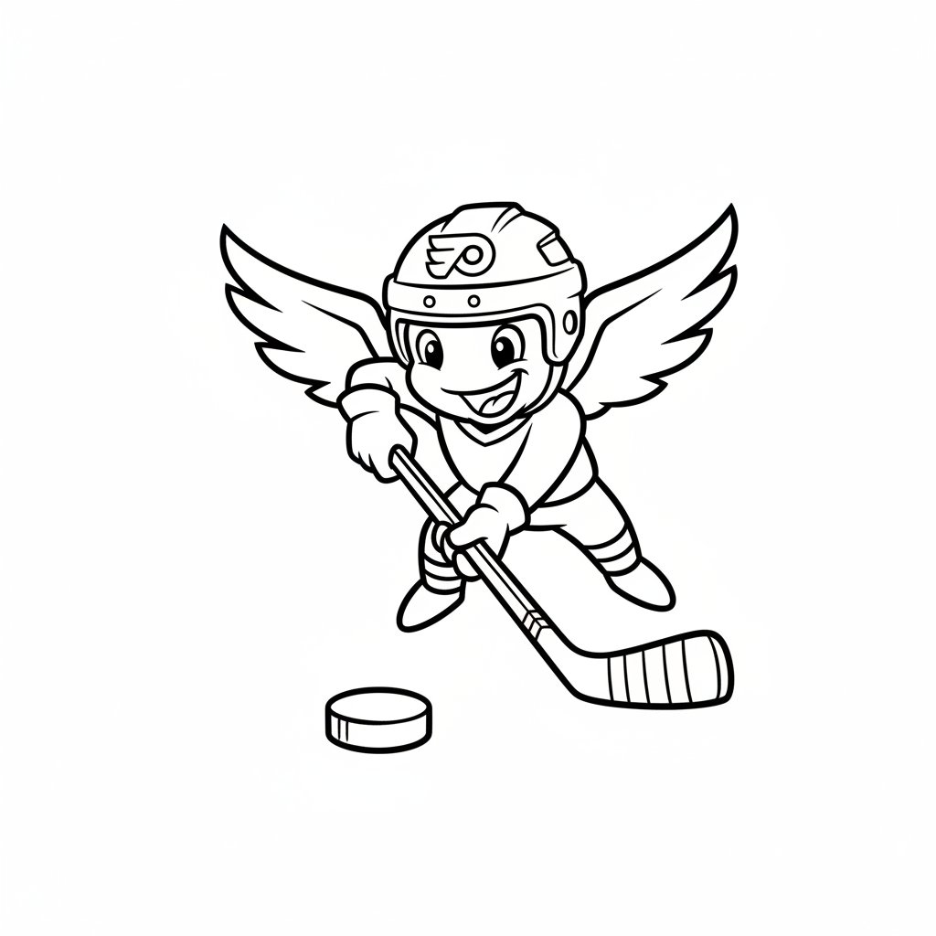 A friendly cartoon Flyers mascot character playing with a hockey puck, energetic and cheerful, original fan illustration inspired by the Philadelphia Flyers (not the official logo or mascot), single subject only, strict black and white line art, bold clean outlines only, pure white background, kids coloring book page style. Absolutely no shading, no grayscale, no gradients, no color fills, no text anywhere in the image