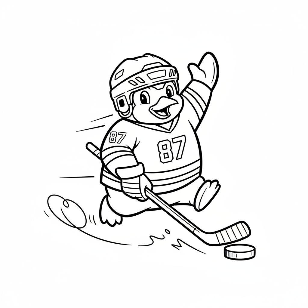 A friendly cartoon Penguins mascot character playing with a hockey puck, energetic and cheerful, original fan illustration inspired by the Pittsburgh Penguins (not the official logo or mascot), single subject only, strict black and white line art, bold clean outlines only, pure white background, kids coloring book page style. Absolutely no shading, no grayscale, no gradients, no color fills, no text anywhere in the image