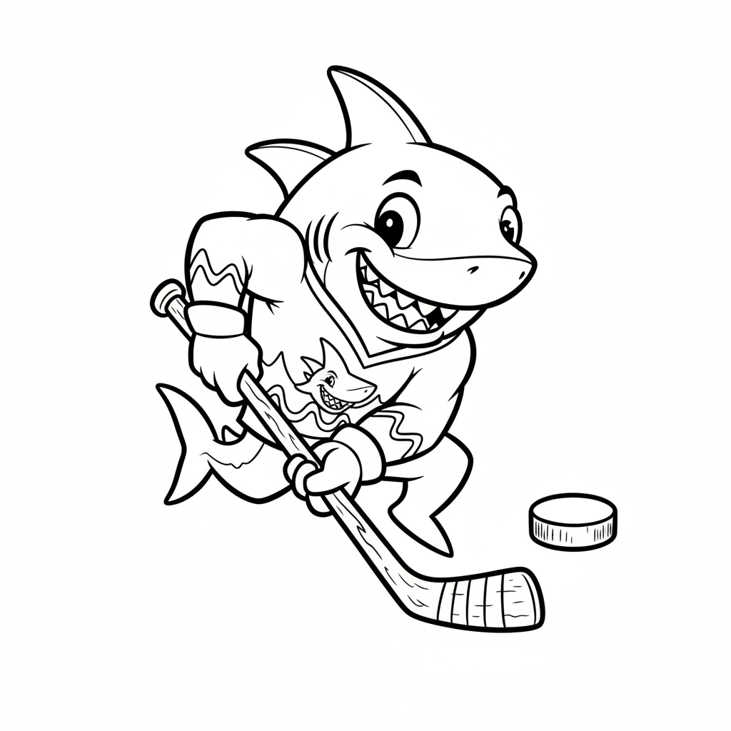 A friendly cartoon Sharks mascot character playing with a hockey puck, energetic and cheerful, original fan illustration inspired by the San Jose Sharks (not the official logo or mascot), single subject only, strict black and white line art, bold clean outlines only, pure white background, kids coloring book page style. Absolutely no shading, no grayscale, no gradients, no color fills, no text anywhere in the image
