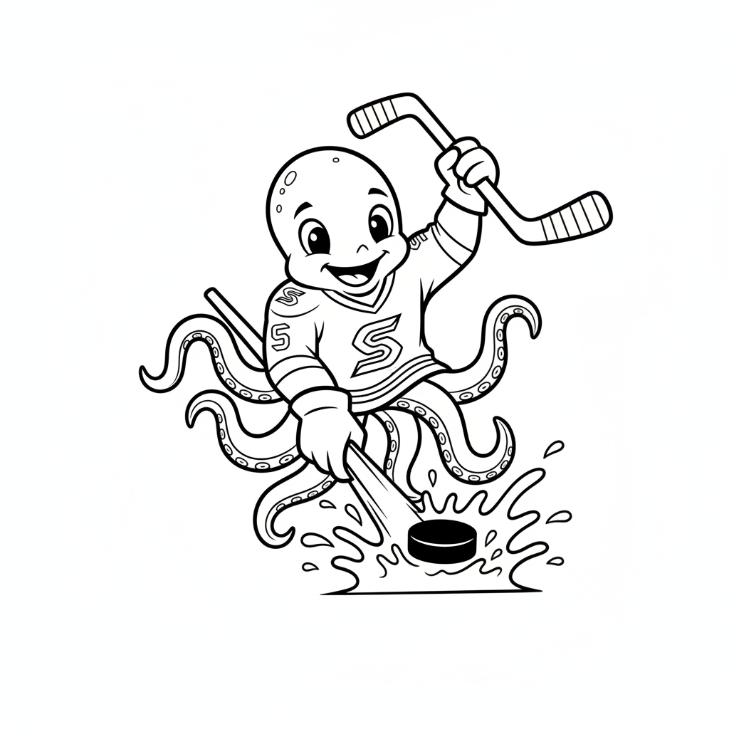 A friendly cartoon Kraken mascot character playing with a hockey puck, energetic and cheerful, original fan illustration inspired by the Seattle Kraken (not the official logo or mascot), single subject only, strict black and white line art, bold clean outlines only, pure white background, kids coloring book page style. Absolutely no shading, no grayscale, no gradients, no color fills, no text anywhere in the image