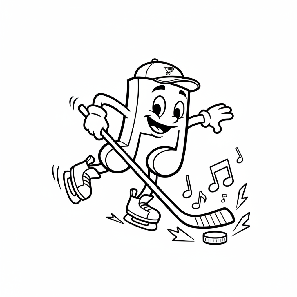 A friendly cartoon Blues mascot character playing with a hockey puck, energetic and cheerful, original fan illustration inspired by the St. Louis Blues (not the official logo or mascot), single subject only, strict black and white line art, bold clean outlines only, pure white background, kids coloring book page style. Absolutely no shading, no grayscale, no gradients, no color fills, no text anywhere in the image