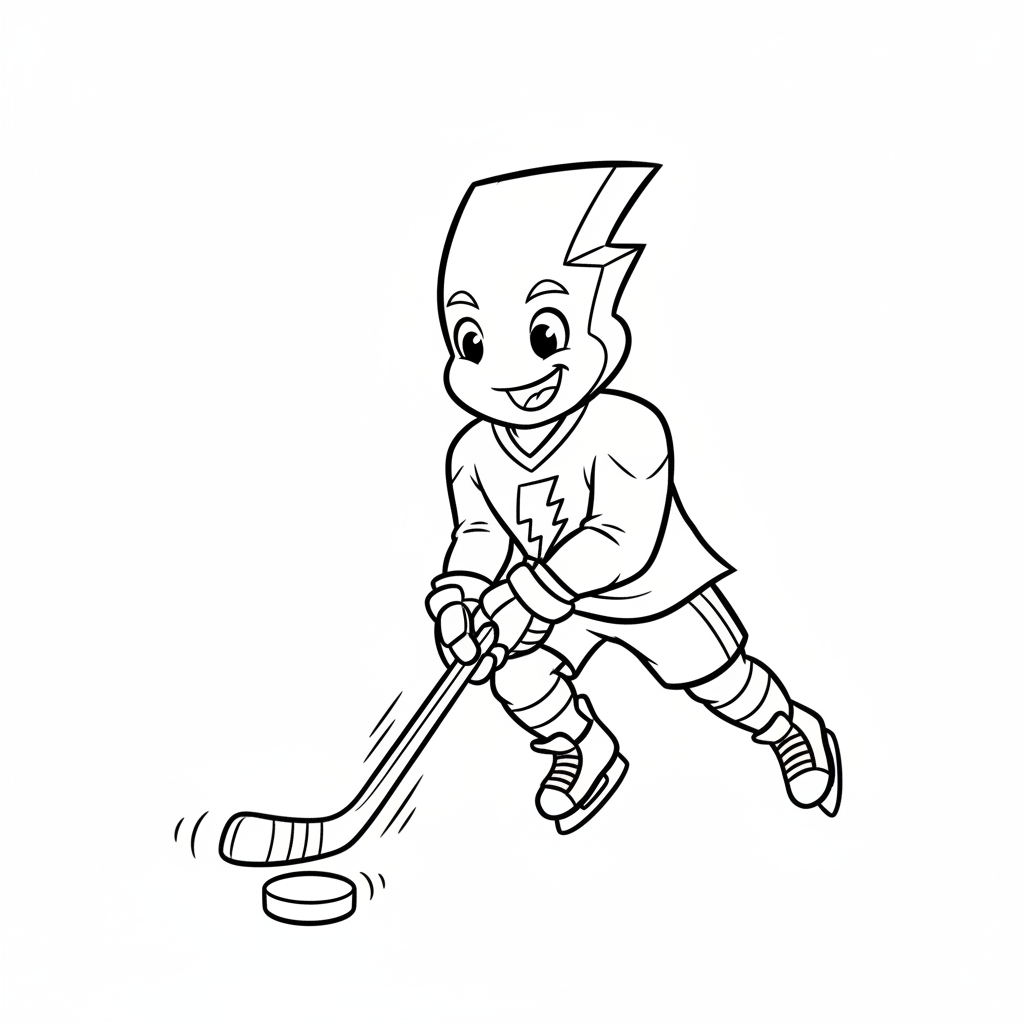 A friendly cartoon Lightning mascot character playing with a hockey puck, energetic and cheerful, original fan illustration inspired by the Tampa Bay Lightning (not the official logo or mascot), single subject only, strict black and white line art, bold clean outlines only, pure white background, kids coloring book page style. Absolutely no shading, no grayscale, no gradients, no color fills, no text anywhere in the image
