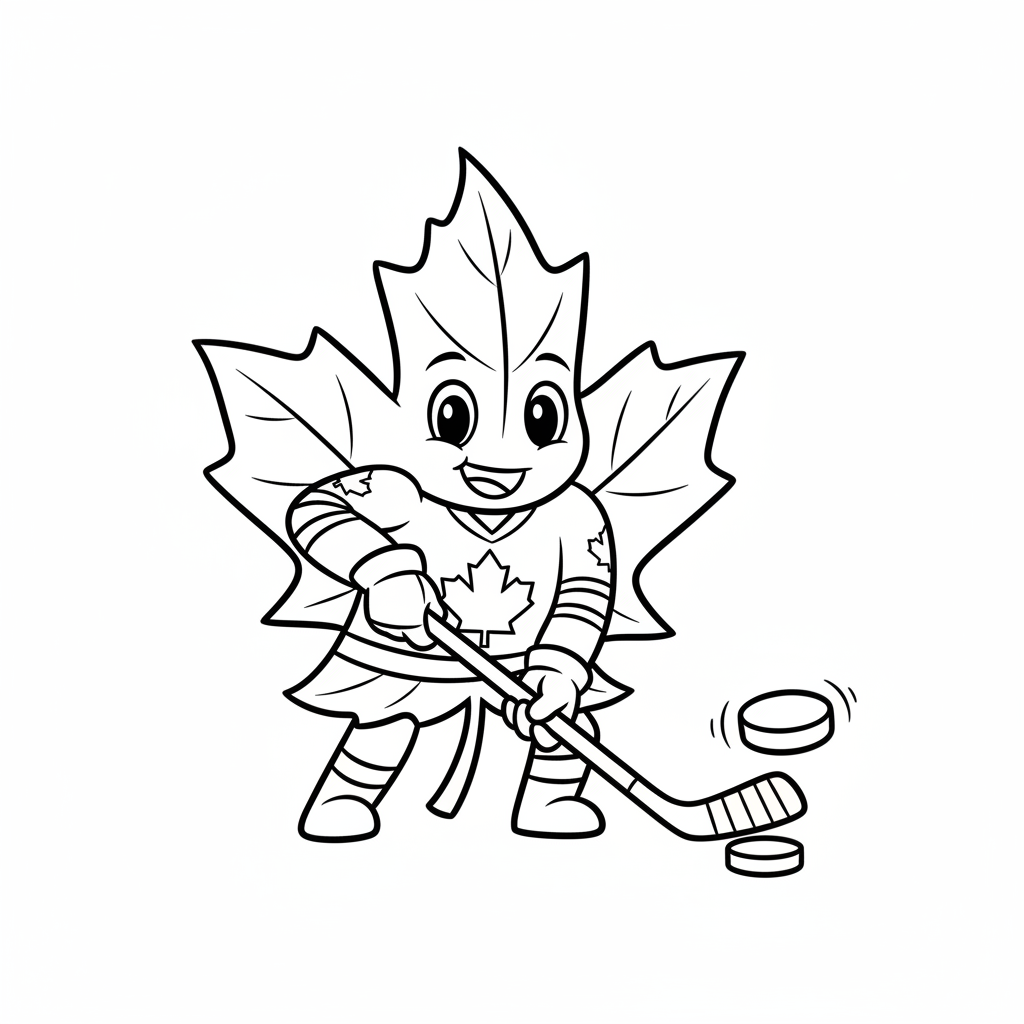 A friendly cartoon Maple Leafs mascot character playing with a hockey puck, energetic and cheerful, original fan illustration inspired by the Toronto Maple Leafs (not the official logo or mascot), single subject only, strict black and white line art, bold clean outlines only, pure white background, kids coloring book page style. Absolutely no shading, no grayscale, no gradients, no color fills, no text anywhere in the image