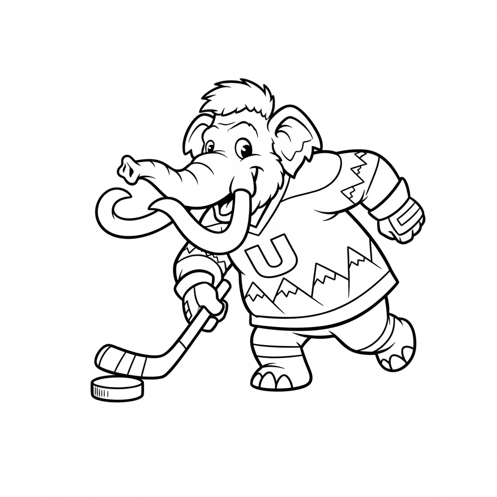 A friendly cartoon Mammoth mascot character playing with a hockey puck, energetic and cheerful, original fan illustration inspired by the Utah Mammoth (not the official logo or mascot), single subject only, strict black and white line art, bold clean outlines only, pure white background, kids coloring book page style. Absolutely no shading, no grayscale, no gradients, no color fills, no text anywhere in the image