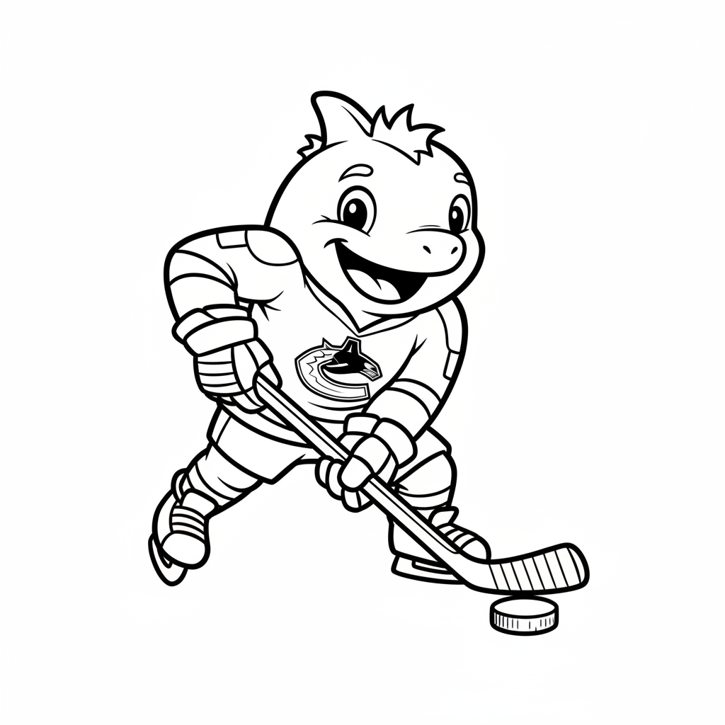 A friendly cartoon Canucks mascot character playing with a hockey puck, energetic and cheerful, original fan illustration inspired by the Vancouver Canucks (not the official logo or mascot), single subject only, strict black and white line art, bold clean outlines only, pure white background, kids coloring book page style. Absolutely no shading, no grayscale, no gradients, no color fills, no text anywhere in the image