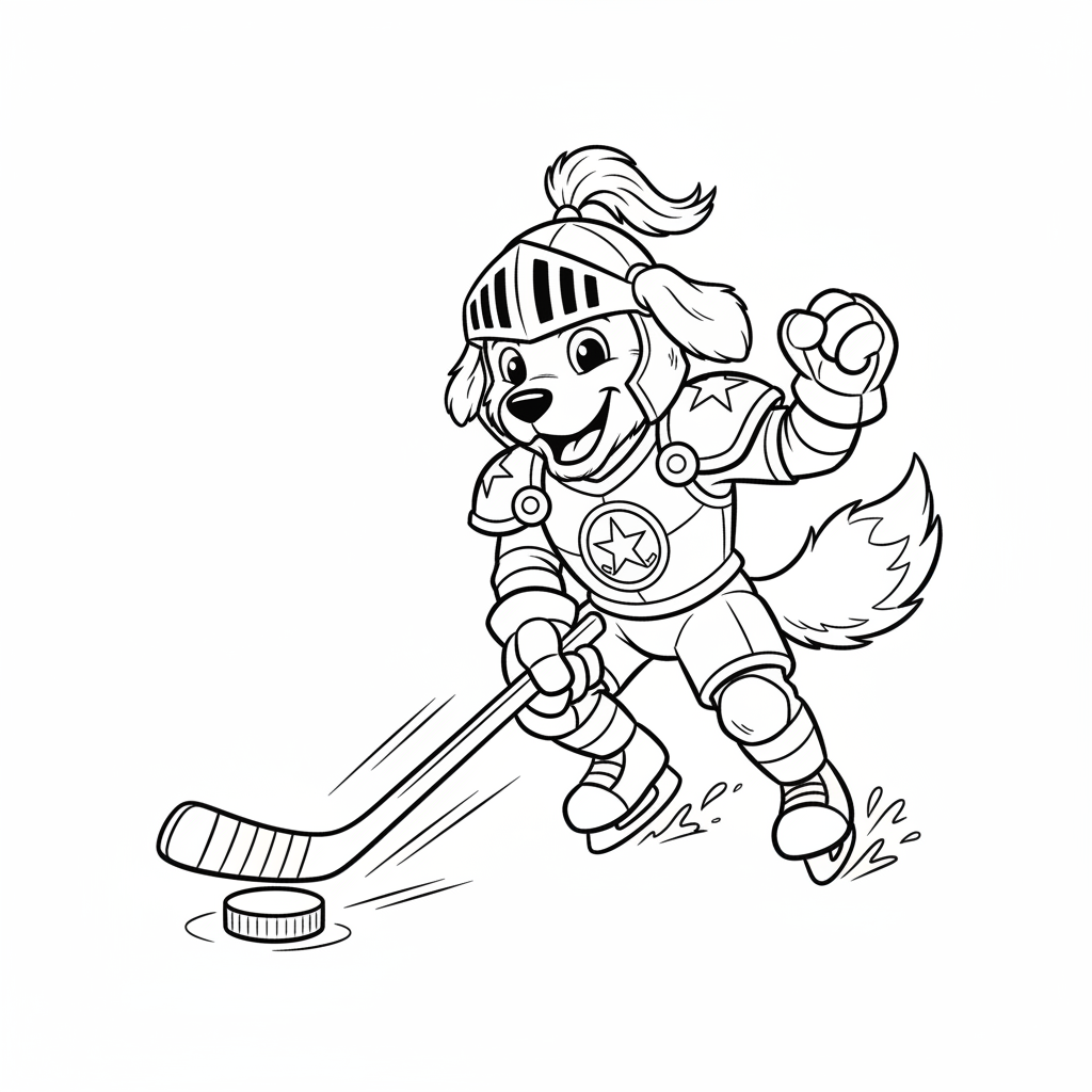 A friendly cartoon Golden Knights mascot character playing with a hockey puck, energetic and cheerful, original fan illustration inspired by the Vegas Golden Knights (not the official logo or mascot), single subject only, strict black and white line art, bold clean outlines only, pure white background, kids coloring book page style. Absolutely no shading, no grayscale, no gradients, no color fills, no text anywhere in the image