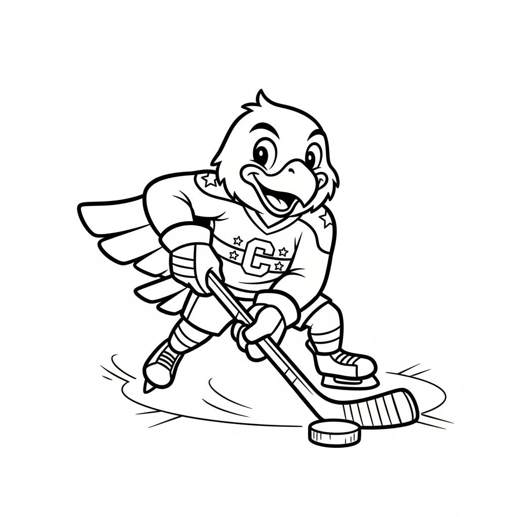 A friendly cartoon Capitals mascot character playing with a hockey puck, energetic and cheerful, original fan illustration inspired by the Washington Capitals (not the official logo or mascot), single subject only, strict black and white line art, bold clean outlines only, pure white background, kids coloring book page style. Absolutely no shading, no grayscale, no gradients, no color fills, no text anywhere in the image