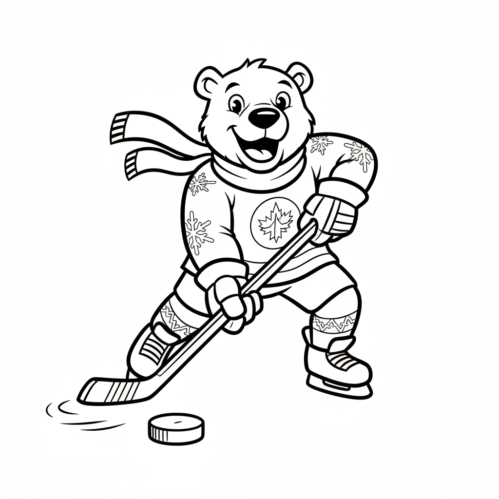 A friendly cartoon Jets mascot character playing with a hockey puck, energetic and cheerful, original fan illustration inspired by the Winnipeg Jets (not the official logo or mascot), single subject only, strict black and white line art, bold clean outlines only, pure white background, kids coloring book page style. Absolutely no shading, no grayscale, no gradients, no color fills, no text anywhere in the image