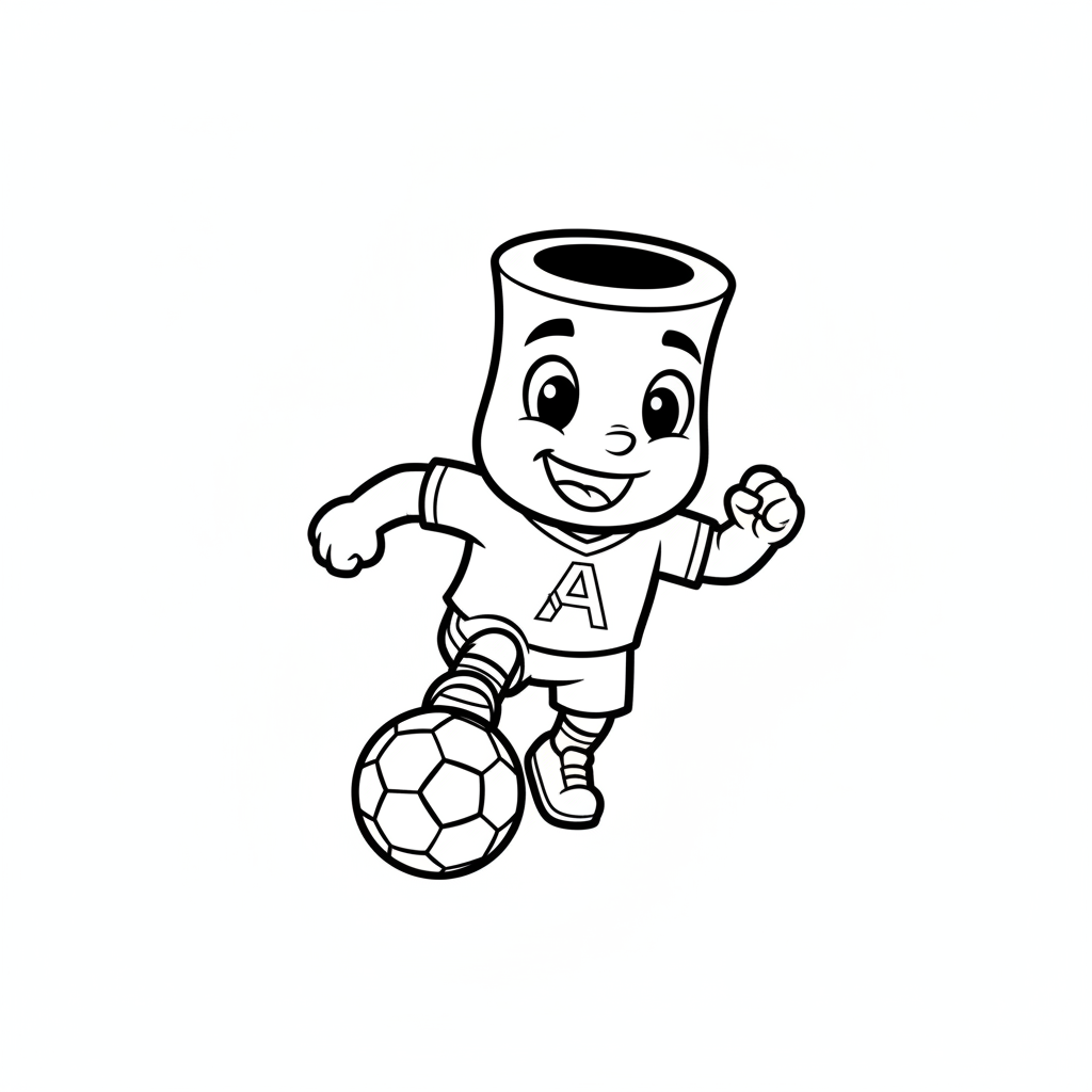 A friendly cartoon Arsenal mascot character playing with a soccer ball, energetic and cheerful, original fan illustration inspired by the Arsenal (not the official logo or mascot), single subject only, strict black and white line art, bold clean outlines only, pure white background, kids coloring book page style. Absolutely no shading, no grayscale, no gradients, no color fills, no text anywhere in the image