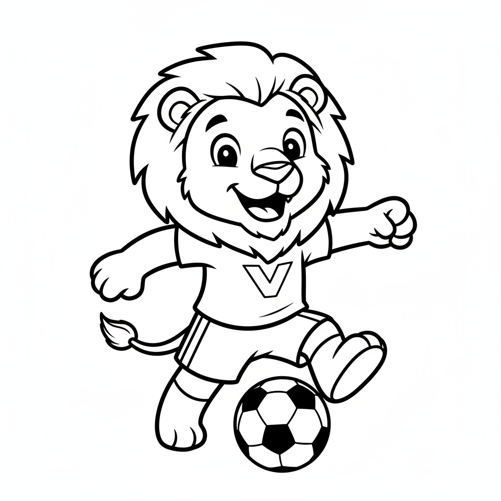 A friendly cartoon Aston Villa mascot character playing with a soccer ball, energetic and cheerful, original fan illustration inspired by the Aston Villa (not the official logo or mascot), single subject only, strict black and white line art, bold clean outlines only, pure white background, kids coloring book page style. Absolutely no shading, no grayscale, no gradients, no color fills, no text anywhere in the image