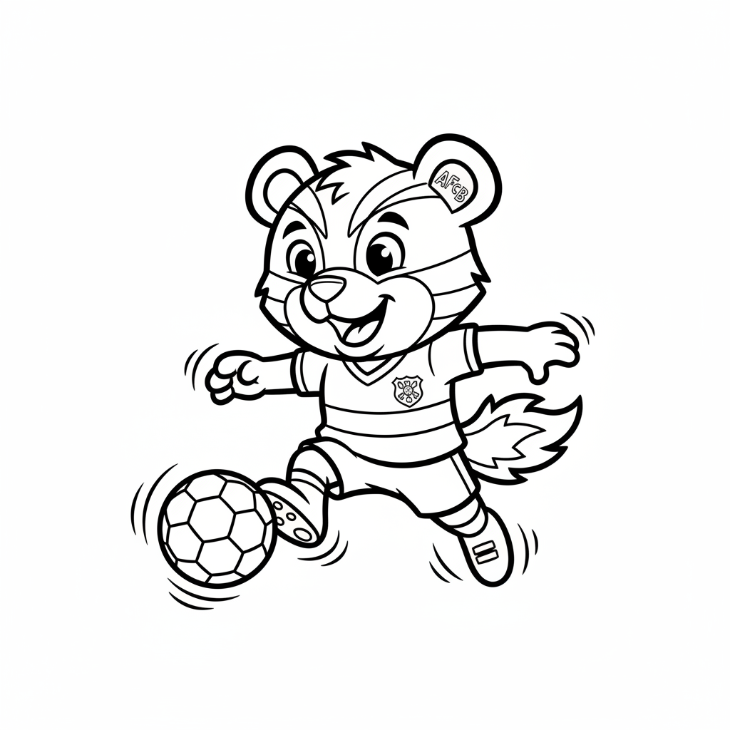 A friendly cartoon AFC Bournemouth mascot character playing with a soccer ball, energetic and cheerful, original fan illustration inspired by the AFC Bournemouth (not the official logo or mascot), single subject only, strict black and white line art, bold clean outlines only, pure white background, kids coloring book page style. Absolutely no shading, no grayscale, no gradients, no color fills, no text anywhere in the image
