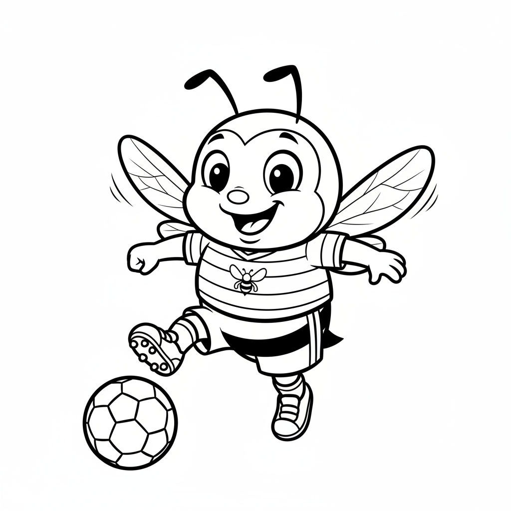 A friendly cartoon Brentford mascot character playing with a soccer ball, energetic and cheerful, original fan illustration inspired by the Brentford (not the official logo or mascot), single subject only, strict black and white line art, bold clean outlines only, pure white background, kids coloring book page style. Absolutely no shading, no grayscale, no gradients, no color fills, no text anywhere in the image