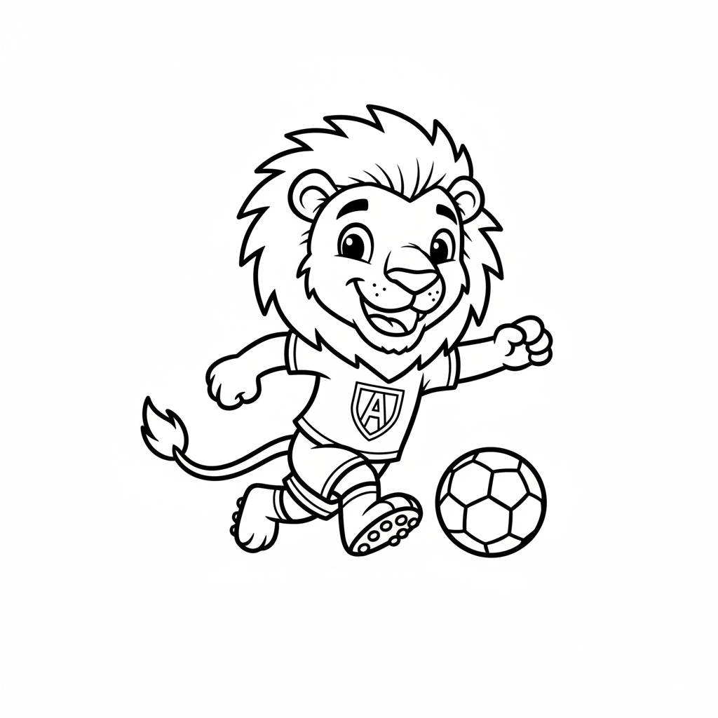 A friendly cartoon Alavés mascot character playing with a soccer ball, energetic and cheerful, original fan illustration inspired by the Alavés (not the official logo or mascot), single subject only, strict black and white line art, bold clean outlines only, pure white background, kids coloring book page style. Absolutely no shading, no grayscale, no gradients, no color fills, no text anywhere in the image