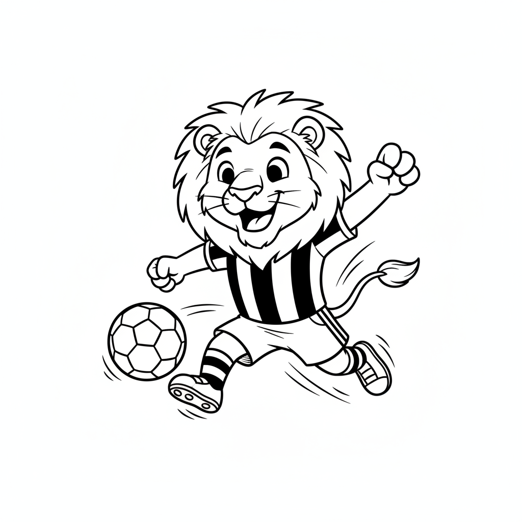 A friendly cartoon Athletic Club mascot character playing with a soccer ball, energetic and cheerful, original fan illustration inspired by the Athletic Club (not the official logo or mascot), single subject only, strict black and white line art, bold clean outlines only, pure white background, kids coloring book page style. Absolutely no shading, no grayscale, no gradients, no color fills, no text anywhere in the image