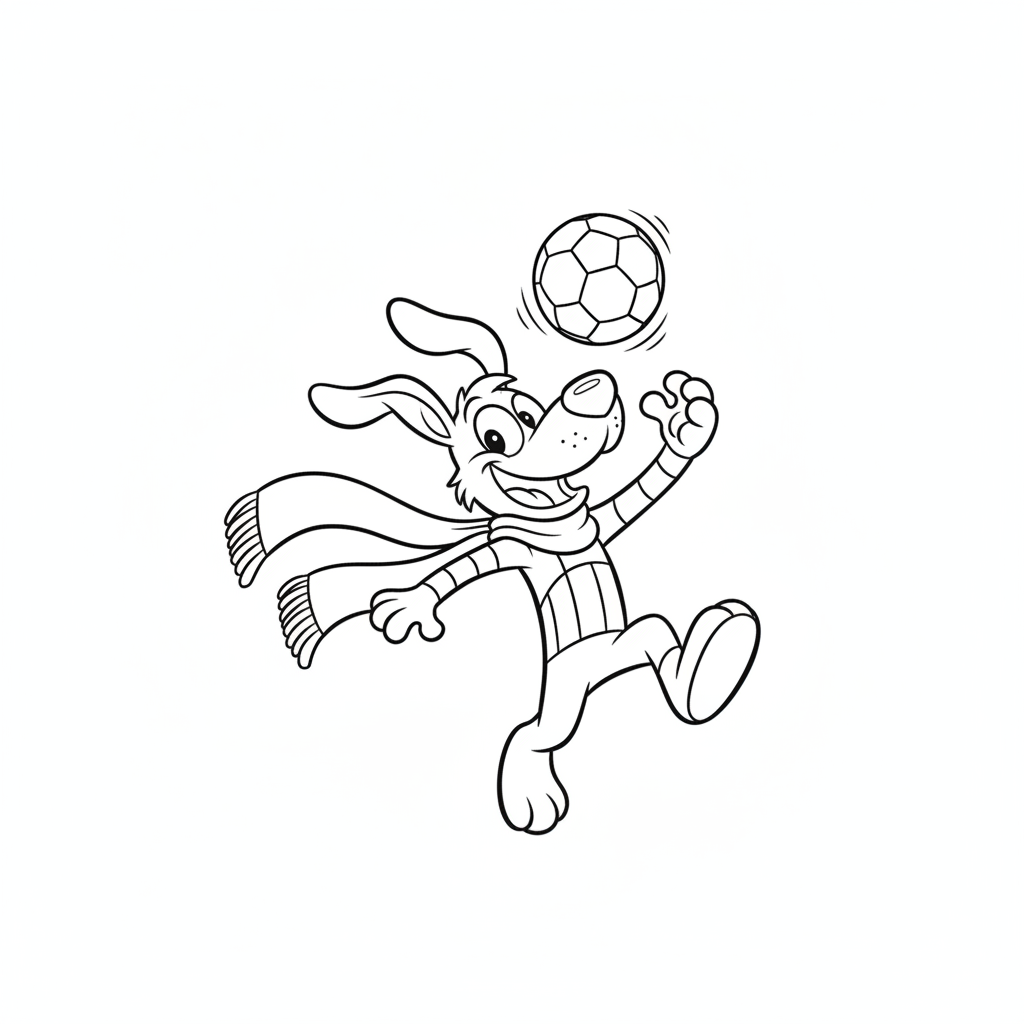 A friendly cartoon Atlético Madrid mascot character playing with a soccer ball, energetic and cheerful, original fan illustration inspired by the Atlético Madrid (not the official logo or mascot), single subject only, strict black and white line art, bold clean outlines only, pure white background, kids coloring book page style. Absolutely no shading, no grayscale, no gradients, no color fills, no text anywhere in the image