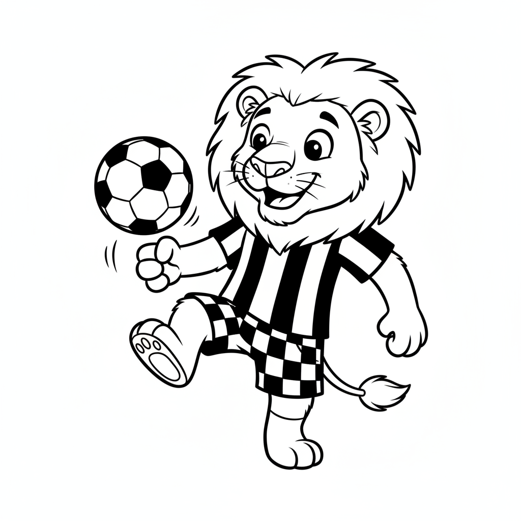 A friendly cartoon Barcelona mascot character playing with a soccer ball, energetic and cheerful, original fan illustration inspired by the Barcelona (not the official logo or mascot), single subject only, strict black and white line art, bold clean outlines only, pure white background, kids coloring book page style. Absolutely no shading, no grayscale, no gradients, no color fills, no text anywhere in the image